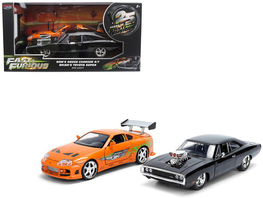 Dom's 1970 Dodge Charger R/T Black and Brian's Toyota Supra Orange with Graphics Set of 2 Cars "Fast & Furious 25th Anniversary" "Fast & Furious" Series 1/24 Diecast Model Cars by Jada-0