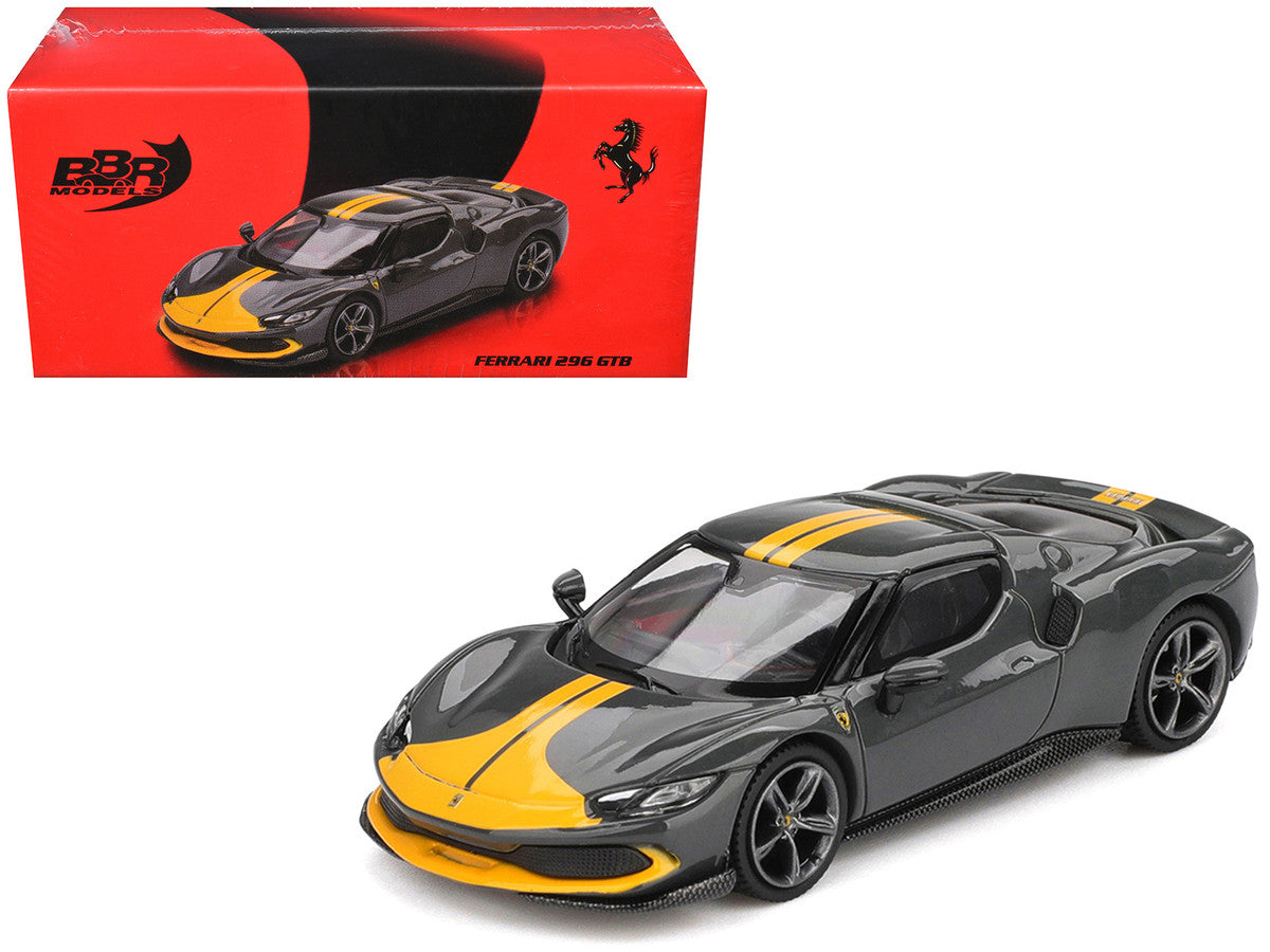 Ferrari 296 GTB Assetto Fiorano Grigio Scuro (Dark Gray) with Yellow Stripes 1/64 Diecast Model Car by BBR-3