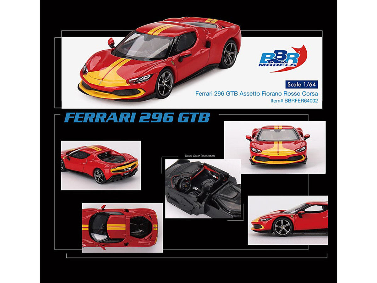 Ferrari 296 GTB Assetto Fiorano Rosso Corsa Red with Yellow Stripes 1/64 Diecast Model Car by BBR-2