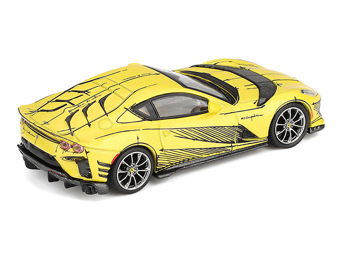 Ferrari 812 Competizione Matt Yellow with Graphics and Yellow Interior "Tailor Made" 1/64 Diecast Model Car by BBR-0