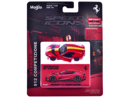 Ferrari 812 Competizione Red with Yellow Stripe "Speed Icons" Series 1/64 Diecast Model Car by Maisto-2