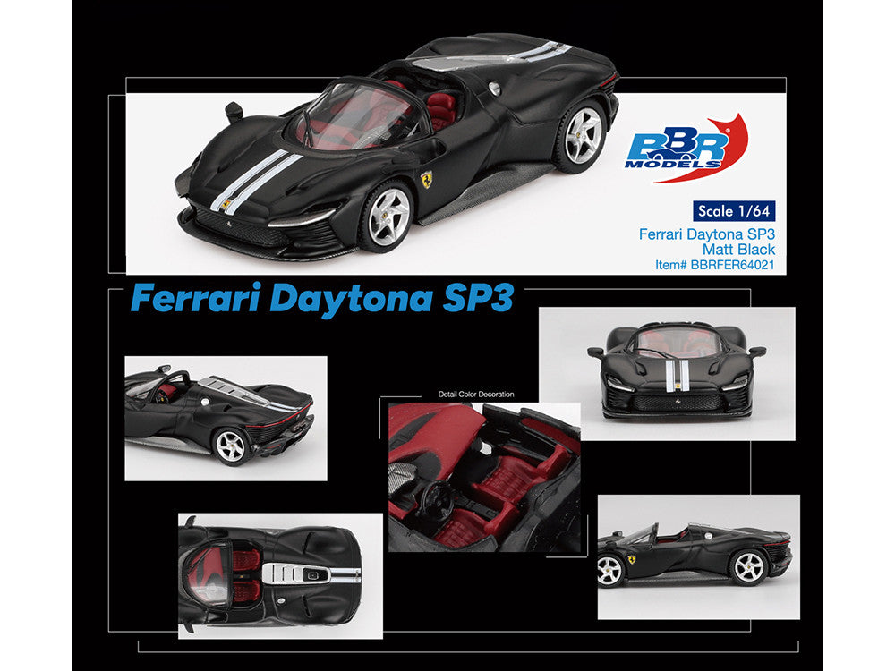 Ferrari Daytona SP3 Matt Black with White Stripes and Red Interior 1/64 Diecast Model Car by BBR-2