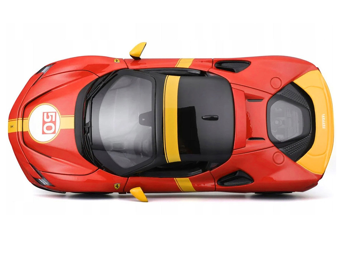 Ferrari SF90 Stradale Assetto Fiorano #50 Red with Black Top and Yellow Stripes "Race + Play" Series 1/18 Diecast Model Car by Bburago-1