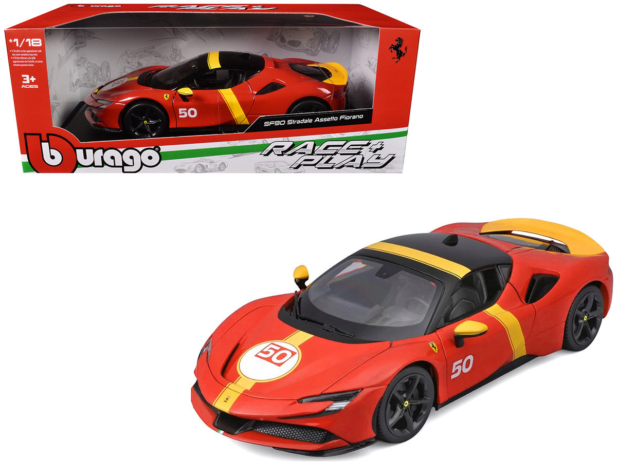 Ferrari SF90 Stradale Assetto Fiorano #50 Red with Black Top and Yellow Stripes "Race + Play" Series 1/18 Diecast Model Car by Bburago-4