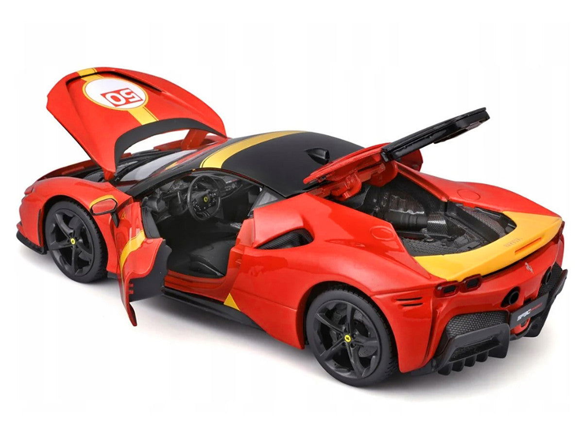 Ferrari SF90 Stradale Assetto Fiorano #50 Red with Black Top and Yellow Stripes "Race + Play" Series 1/18 Diecast Model Car by Bburago-2