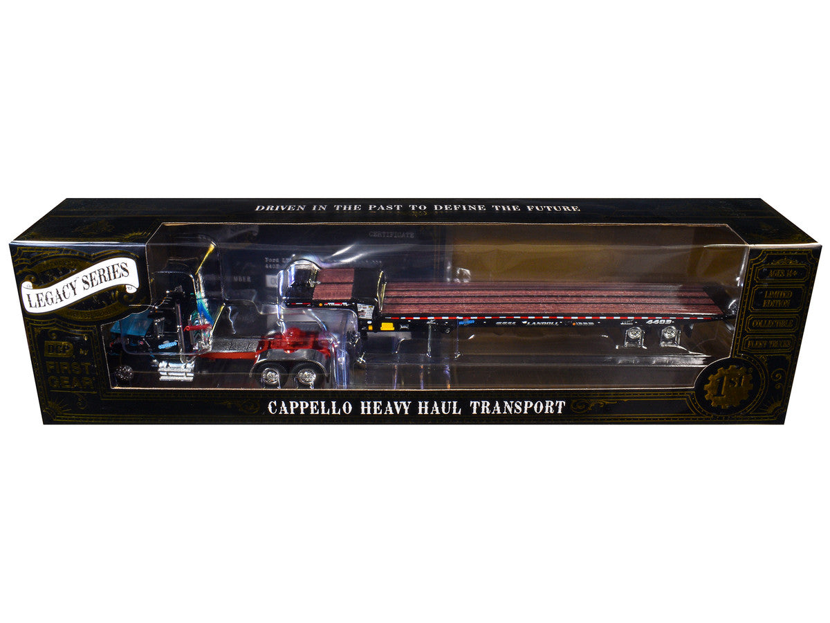Ford LTL 9000 Day Cab and Landoll 440B-50CA Traveling Axle Trailer "Cappello Heavy Transport" Black with Blue Hood "Legacy" Series #3 1/64 Diecast Model by DCP/First Gear-1