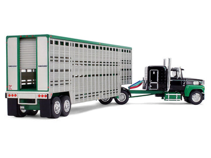Ford LTL 9000 with 60" Flat Top Sleeper and 45' Wilson Vintage Livestock Trailer Black and Green 1/64 Diecast Model by DCP/First Gear-3