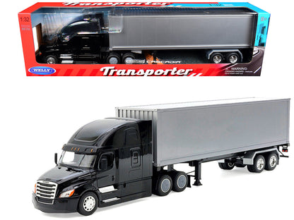 Freightliner Cascadia Truck Black with Silver Container "Transporter" Series 1/32 Diecast Model by Welly-2