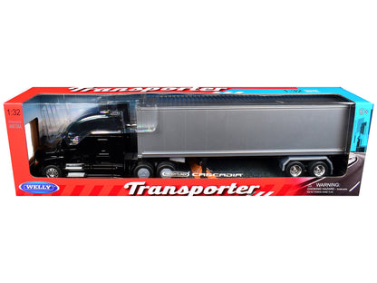 Freightliner Cascadia Truck Black with Silver Container "Transporter" Series 1/32 Diecast Model by Welly-1