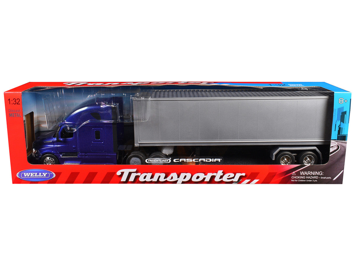 Freightliner Cascadia Truck Blue Metallic with Gray Container "Transporter" Series 1/32 Diecast Model by Welly-2