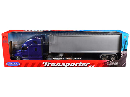 Freightliner Cascadia Truck Blue Metallic with Gray Container "Transporter" Series 1/32 Diecast Model by Welly-2
