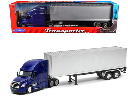 Freightliner Cascadia Truck Blue Metallic with Gray Container "Transporter" Series 1/32 Diecast Model by Welly-0