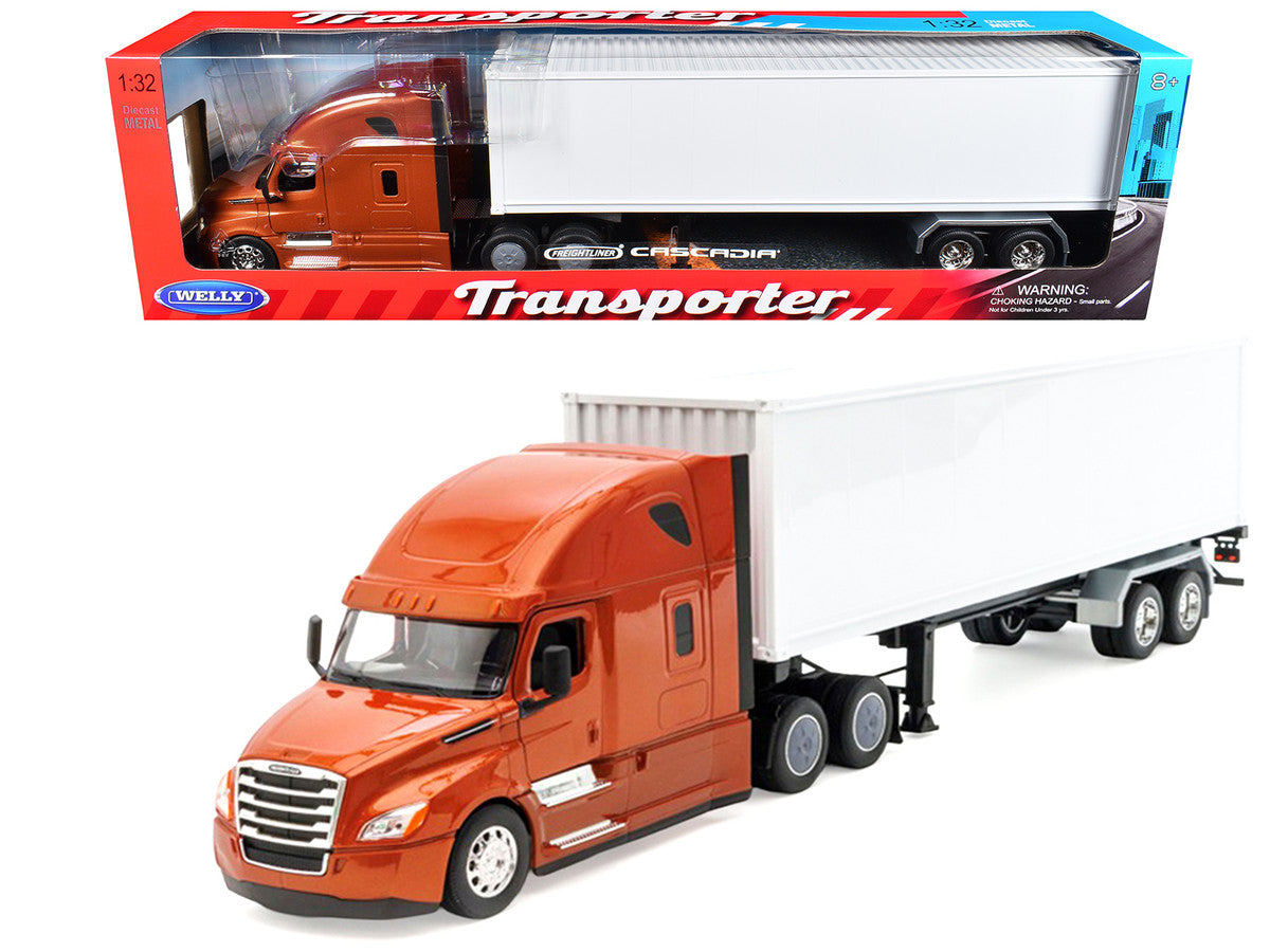 Freightliner Cascadia Truck Bronze Metallic with White Container "Transporter" Series 1/32 Diecast Model by Welly-0