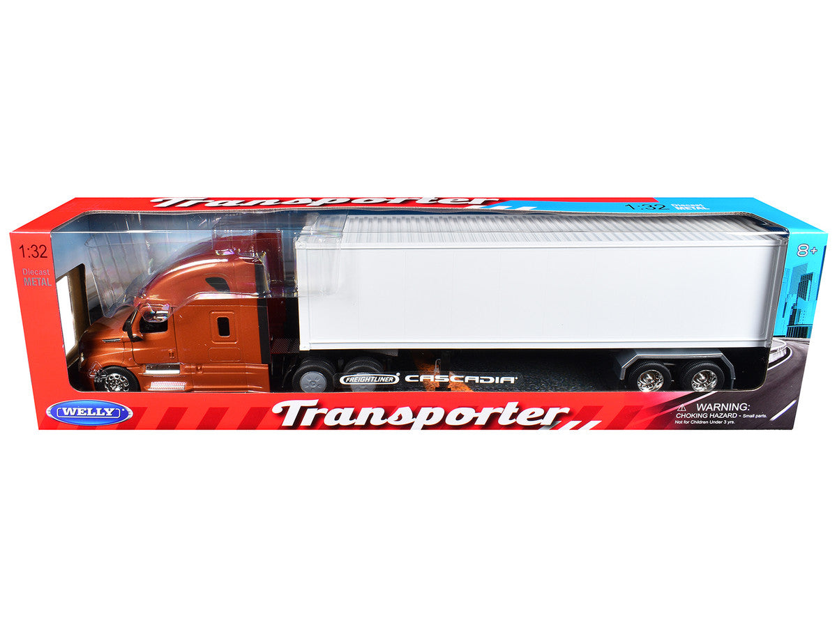 Freightliner Cascadia Truck Bronze Metallic with White Container "Transporter" Series 1/32 Diecast Model by Welly-2