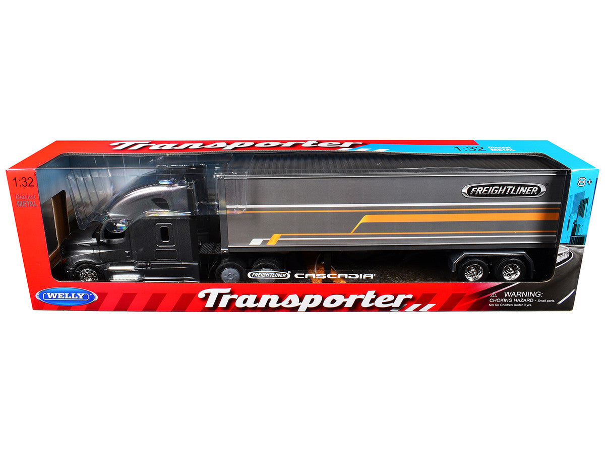 Freightliner Cascadia Truck Gray Metallic with Gray Container with Graphics "Transporter" Series 1/32 Diecast Model by Welly-1
