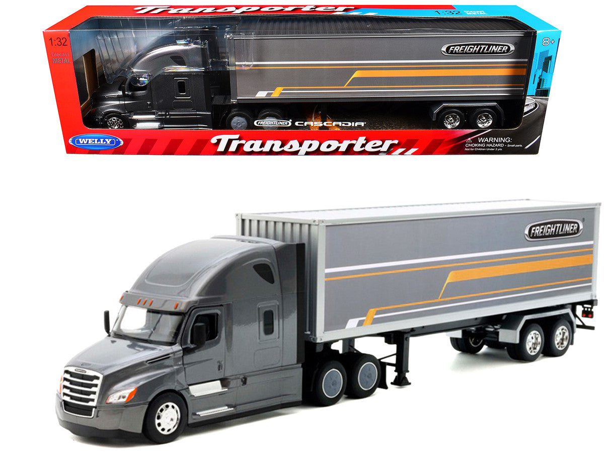 Freightliner Cascadia Truck Gray Metallic with Gray Container with Graphics "Transporter" Series 1/32 Diecast Model by Welly-2
