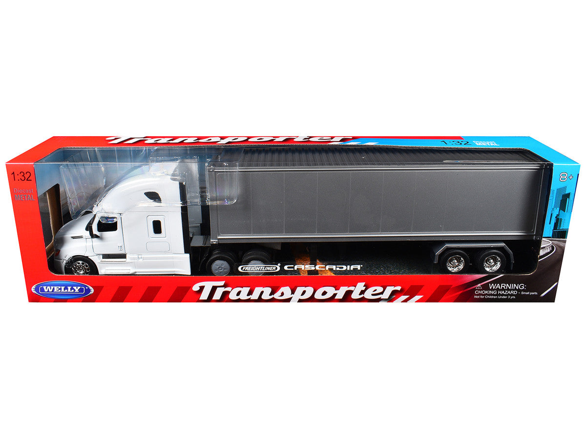 Freightliner Cascadia Truck White with Gray Container "Transporter" Series 1/32 Diecast Model by Welly-1
