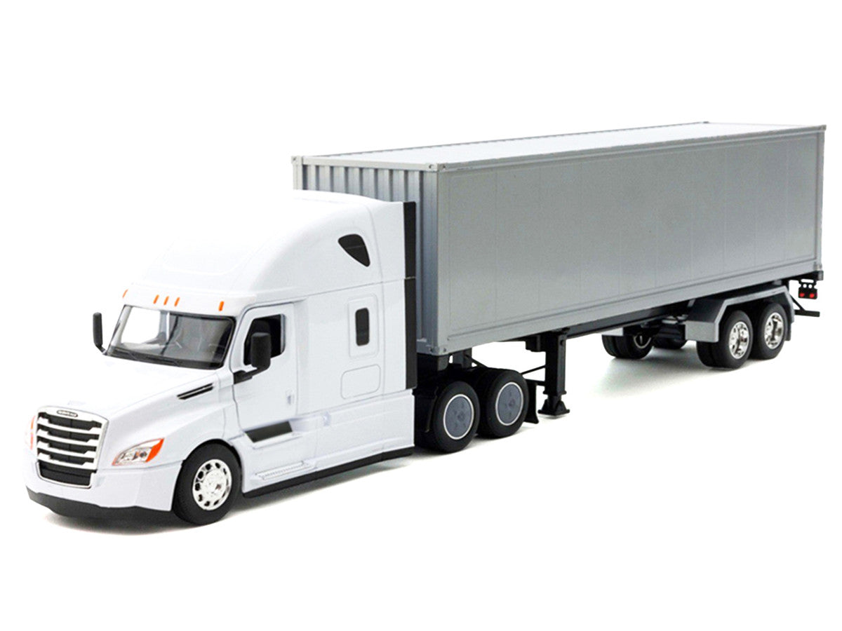 Freightliner Cascadia Truck White with Gray Container "Transporter" Series 1/32 Diecast Model by Welly-0