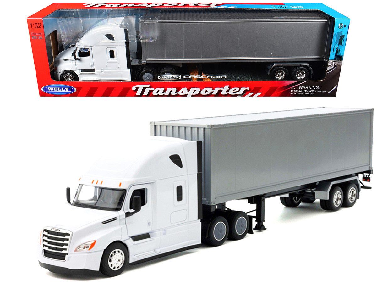 Freightliner Cascadia Truck White with Gray Container "Transporter" Series 1/32 Diecast Model by Welly-2