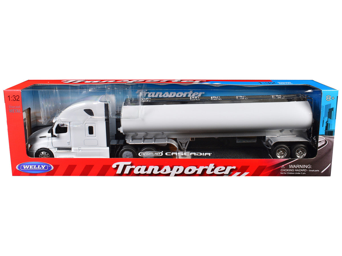 Freightliner Cascadia Truck White with White Tanker Trailer "Transporter" Series 1/32 Diecast Model by Welly-2