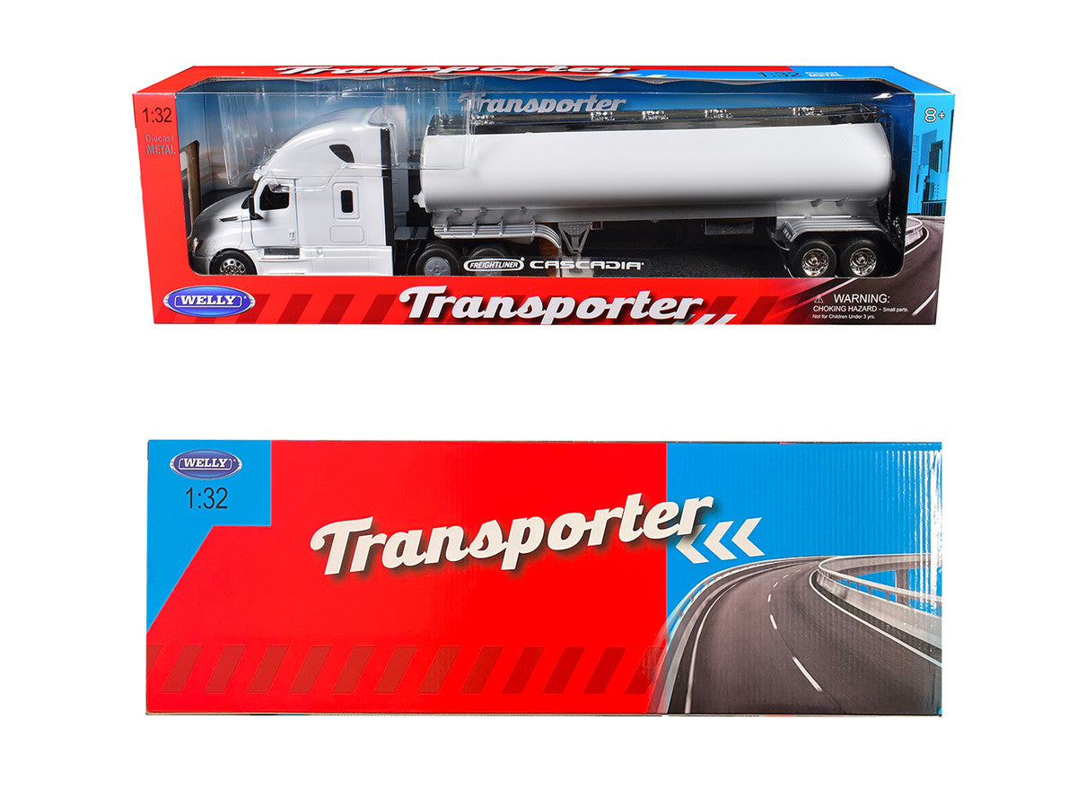 Freightliner Cascadia Truck White with White Tanker Trailer "Transporter" Series 1/32 Diecast Model by Welly-1