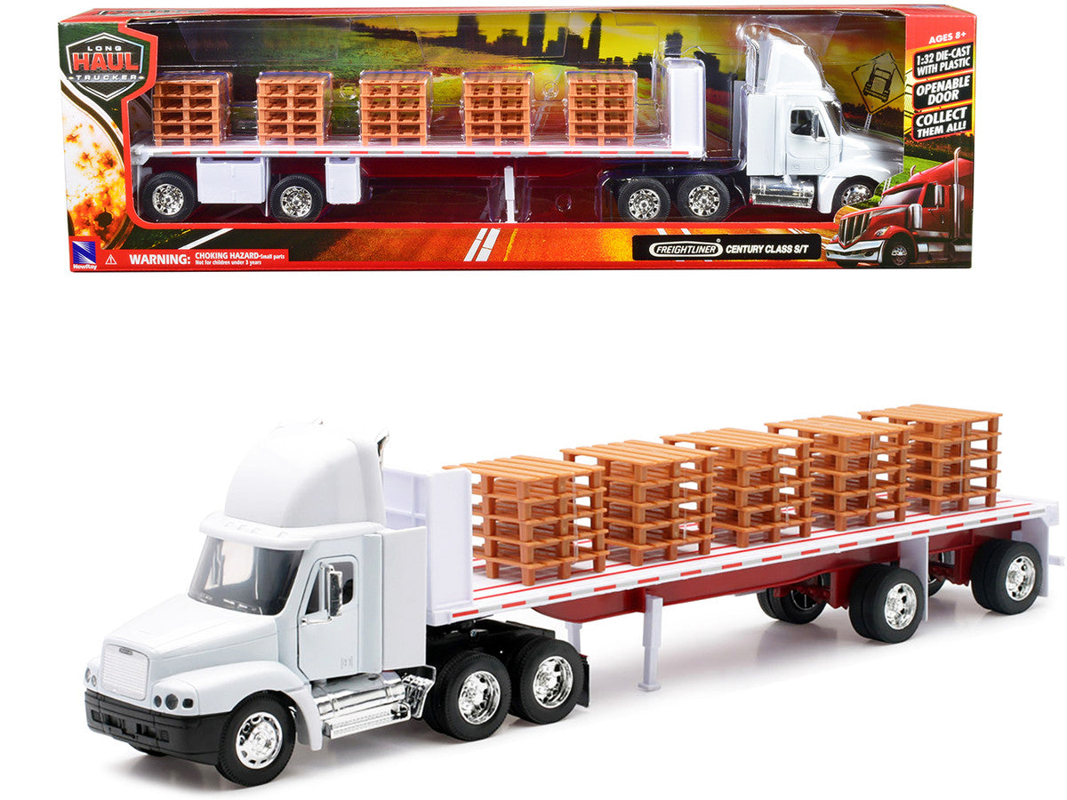 Freightliner Century Class S/T Flatbed Truck White with Pallet Accessories "Long Haul Trucker" Series 1/32 Diecast Model by New Ray-0