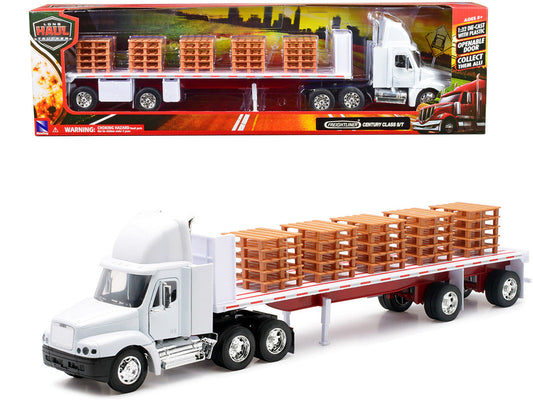 Freightliner Century Class S/T Flatbed Truck White with Pallet Accessories "Long Haul Trucker" Series 1/32 Diecast Model by New Ray-0