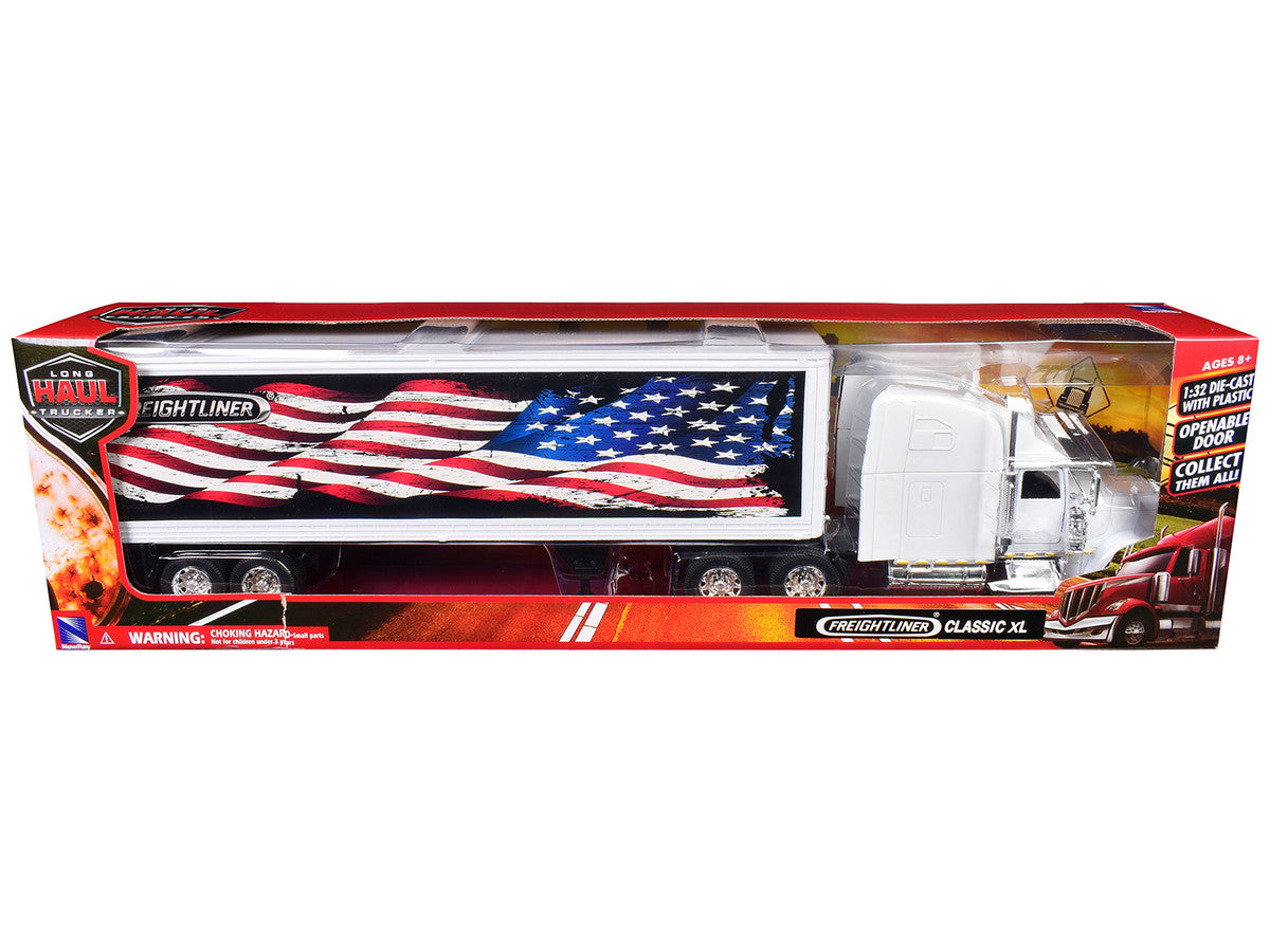 Freightliner Classic XL Truck White with Dry Van Trailer White with Patriotic Graphic "Long Haul Truckers" Series 1/32 Diecast Model by New Ray-1