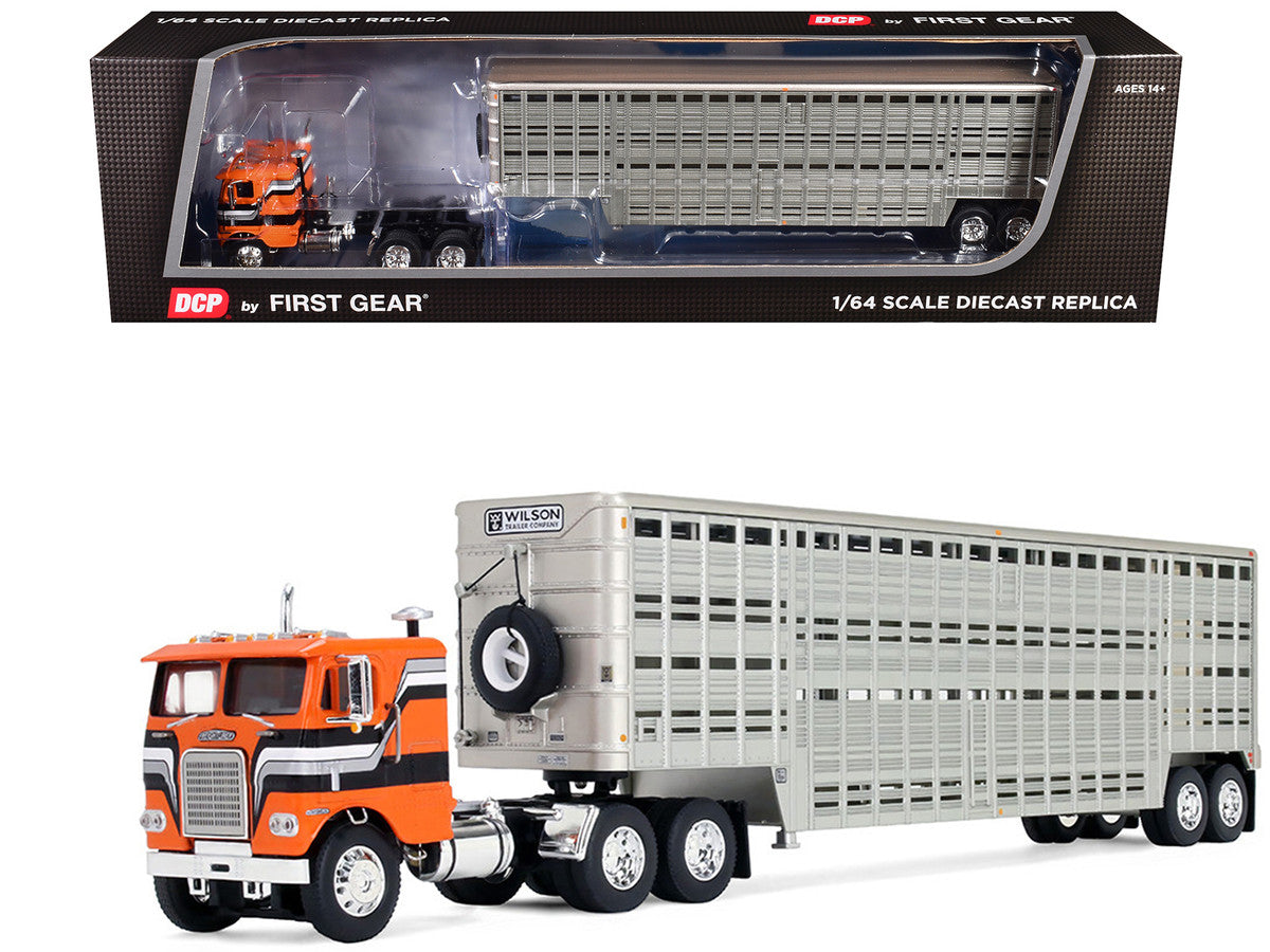 Freightliner COE and 45' Wilson Vintage Livestock Trailer Orange with Stripes 1/64 Diecast Model by DCP/First Gear-3