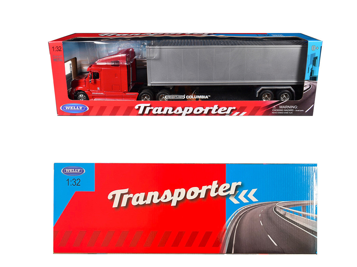 Freightliner Columbia Truck Red with Gray Container 1/32 Diecast Model by Welly-1