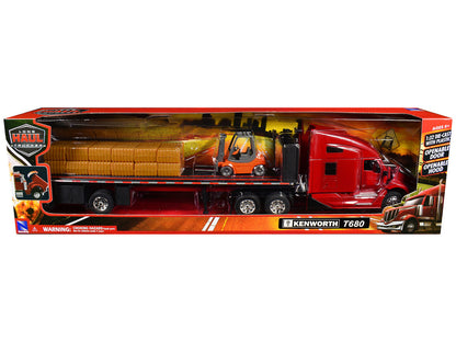 Kenworth T680 Truck Red and Flatbed Trailer with Forklift and Hay Load "Long Haul Trucker" Series 1/32 Diecast Model by New Ray-2