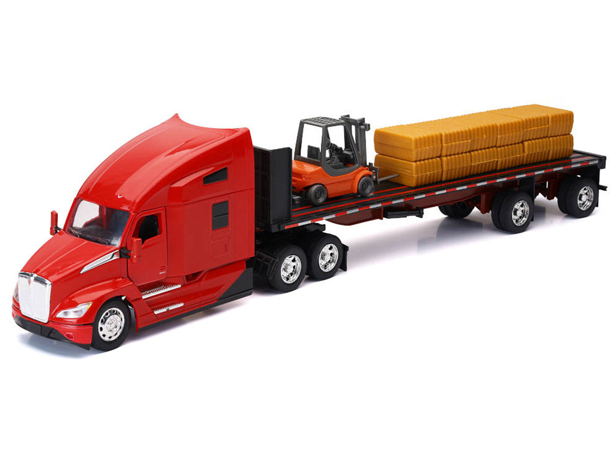 Kenworth T680 Truck Red and Flatbed Trailer with Forklift and Hay Load "Long Haul Trucker" Series 1/32 Diecast Model by New Ray-1