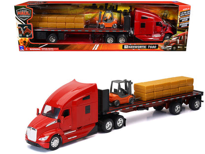 Kenworth T680 Truck Red and Flatbed Trailer with Forklift and Hay Load "Long Haul Trucker" Series 1/32 Diecast Model by New Ray-0