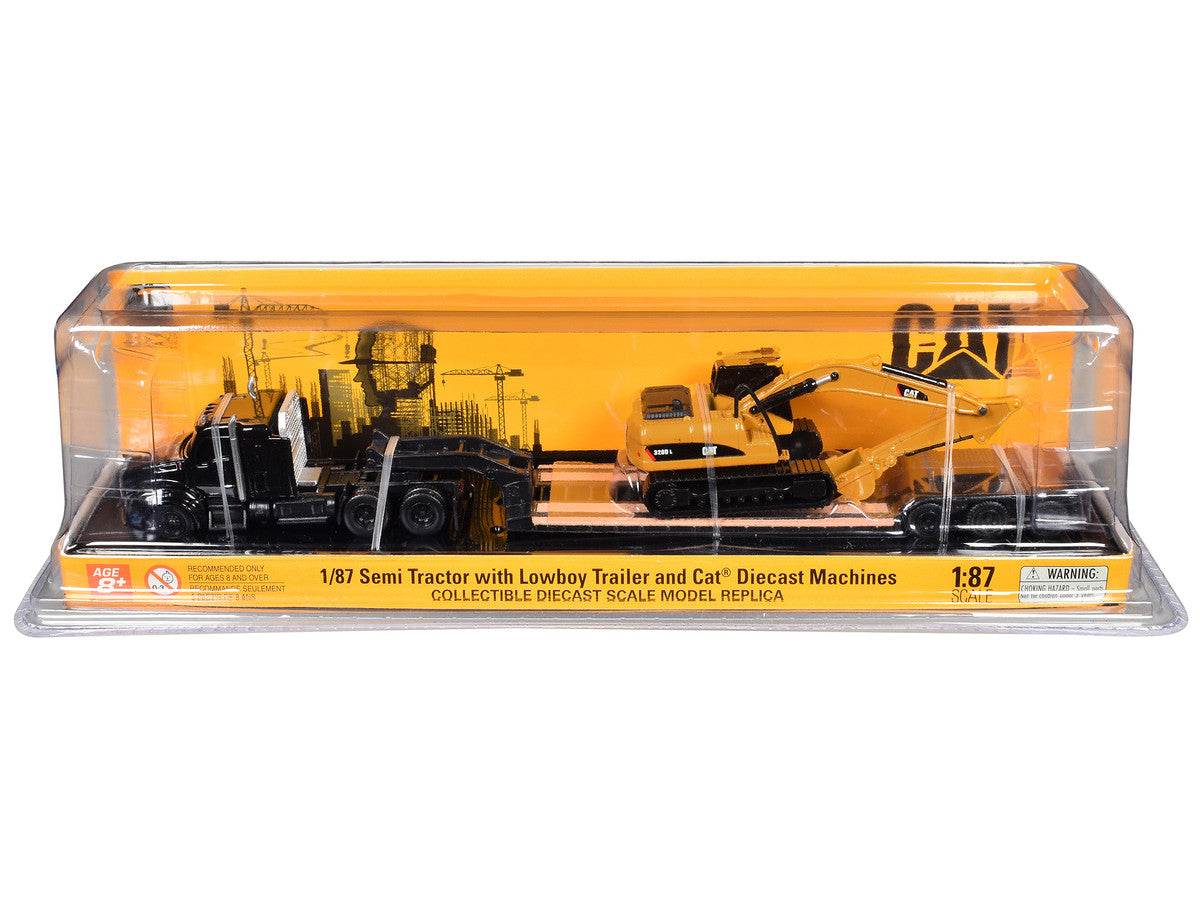 Kenworth T880 SBFS Sleeper Tandem Tractor Black with Lowboy Trailer and CAT 320D L Hydraulic Excavator Yellow 1/87 (HO) Diecast Model by Diecast Masters-0