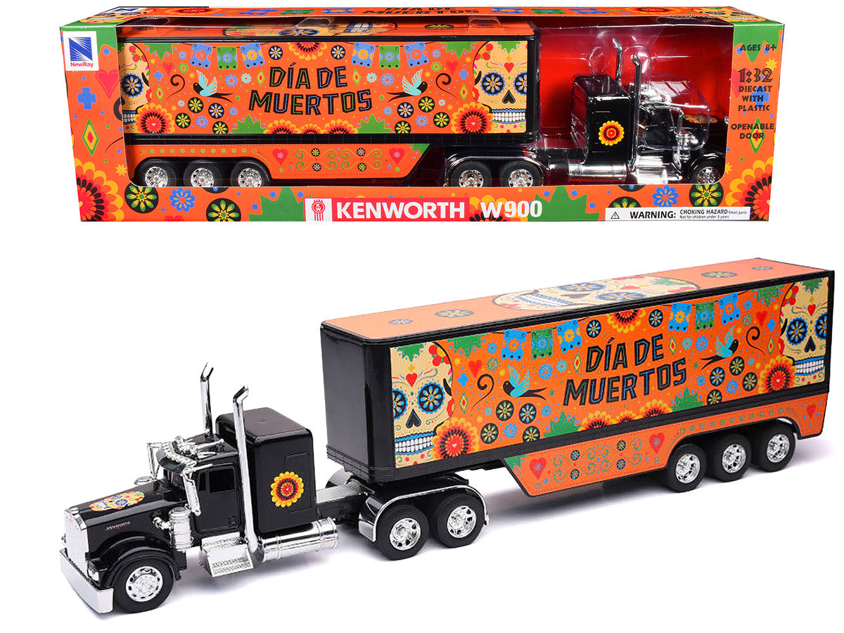Kenworth W900 Truck Black with Graphics and Dry Van Trailer "Dia De Muertos" 1/32 Diecast Model by New Ray-2