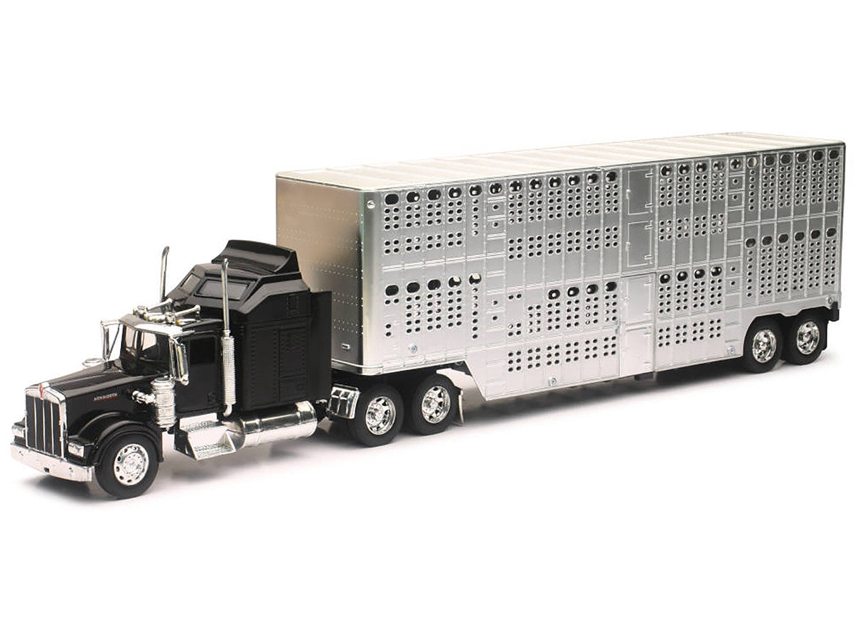Kenworth W900 Truck Black with Pot Belly Livestock Chrome "Long Haul Truckers" Series 1/32 Diecast Model by New Ray-1