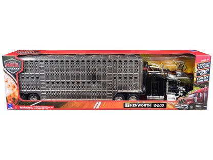Kenworth W900 Truck Black with Pot Belly Livestock Chrome "Long Haul Truckers" Series 1/32 Diecast Model by New Ray-2