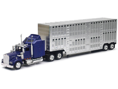 Kenworth W900 Truck Blue with Potbelly Livestock Trailer Chrome "Long Haul Truckers" Series 1/43 Diecast Model by New Ray-1