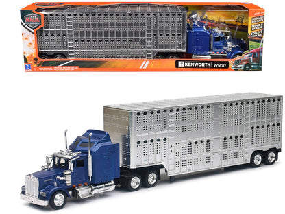 Kenworth W900 Truck Blue with Potbelly Livestock Trailer Chrome "Long Haul Truckers" Series 1/43 Diecast Model by New Ray-0