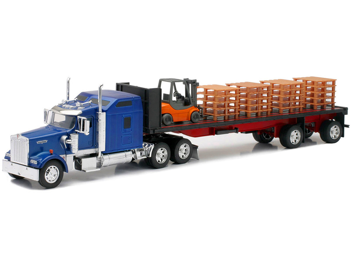 Kenworth W900 Truck with Flatbed Trailer Blue with Forklift and Pallets "Long Haul Truckers" Series 1/32 Diecast Model by New Ray-1