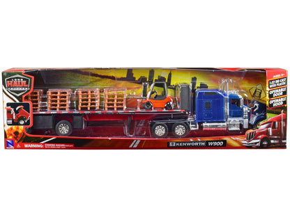 Kenworth W900 Truck with Flatbed Trailer Blue with Forklift and Pallets "Long Haul Truckers" Series 1/32 Diecast Model by New Ray-2