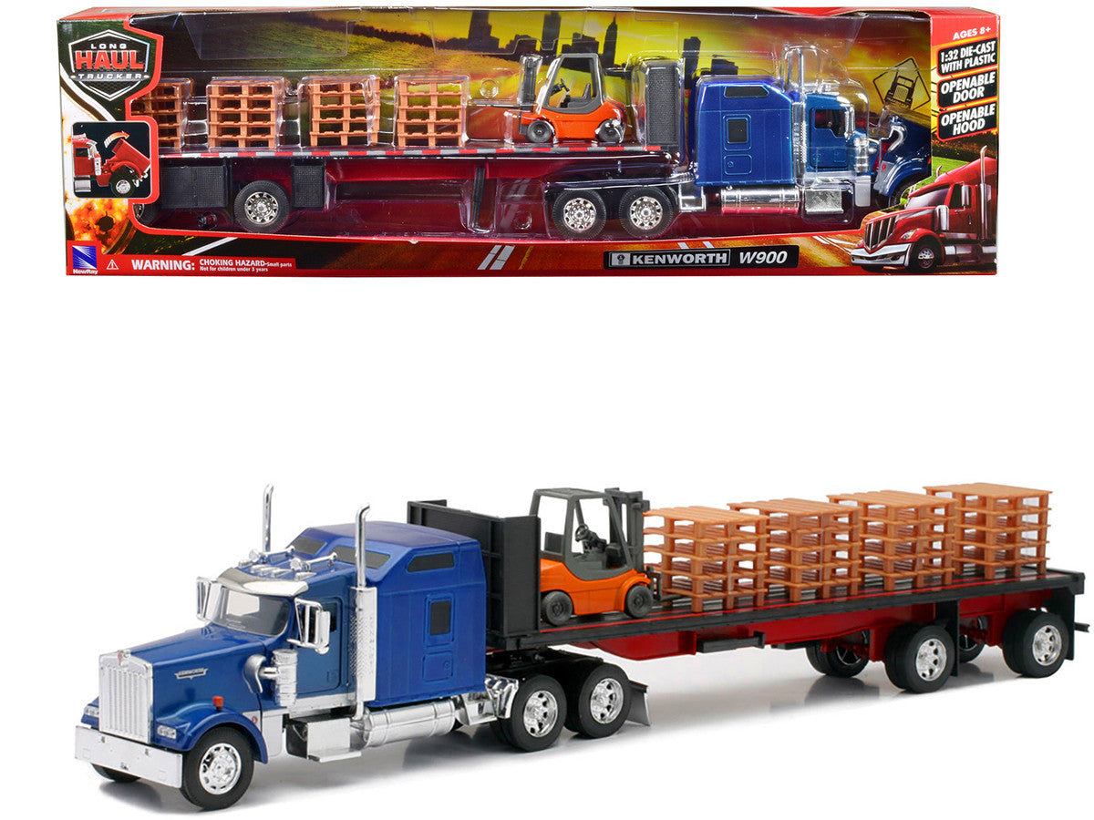 Kenworth W900 Truck with Flatbed Trailer Blue with Forklift and Pallets "Long Haul Truckers" Series 1/32 Diecast Model by New Ray-0