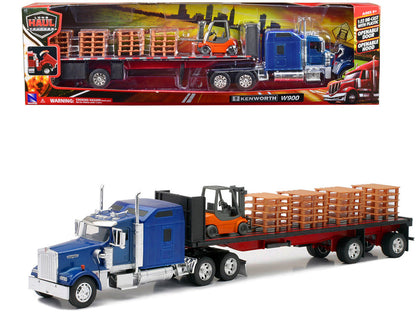 Kenworth W900 Truck with Flatbed Trailer Blue with Forklift and Pallets "Long Haul Truckers" Series 1/32 Diecast Model by New Ray-0