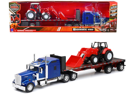 Kenworth W900 Truck with Flatbed Trailer Blue Metallic with Farm Tractor Red "Long Haul Truckers" Series 1/32 Diecast Model by New Ray-0