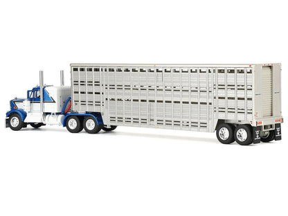 Kenworth W900A with 36" Sleeper and 45' Wilson Vintage Livestock Trailer Mariner Blue and White with Silver Trailer 1/64 Diecast Model by DCP/First Gear-2