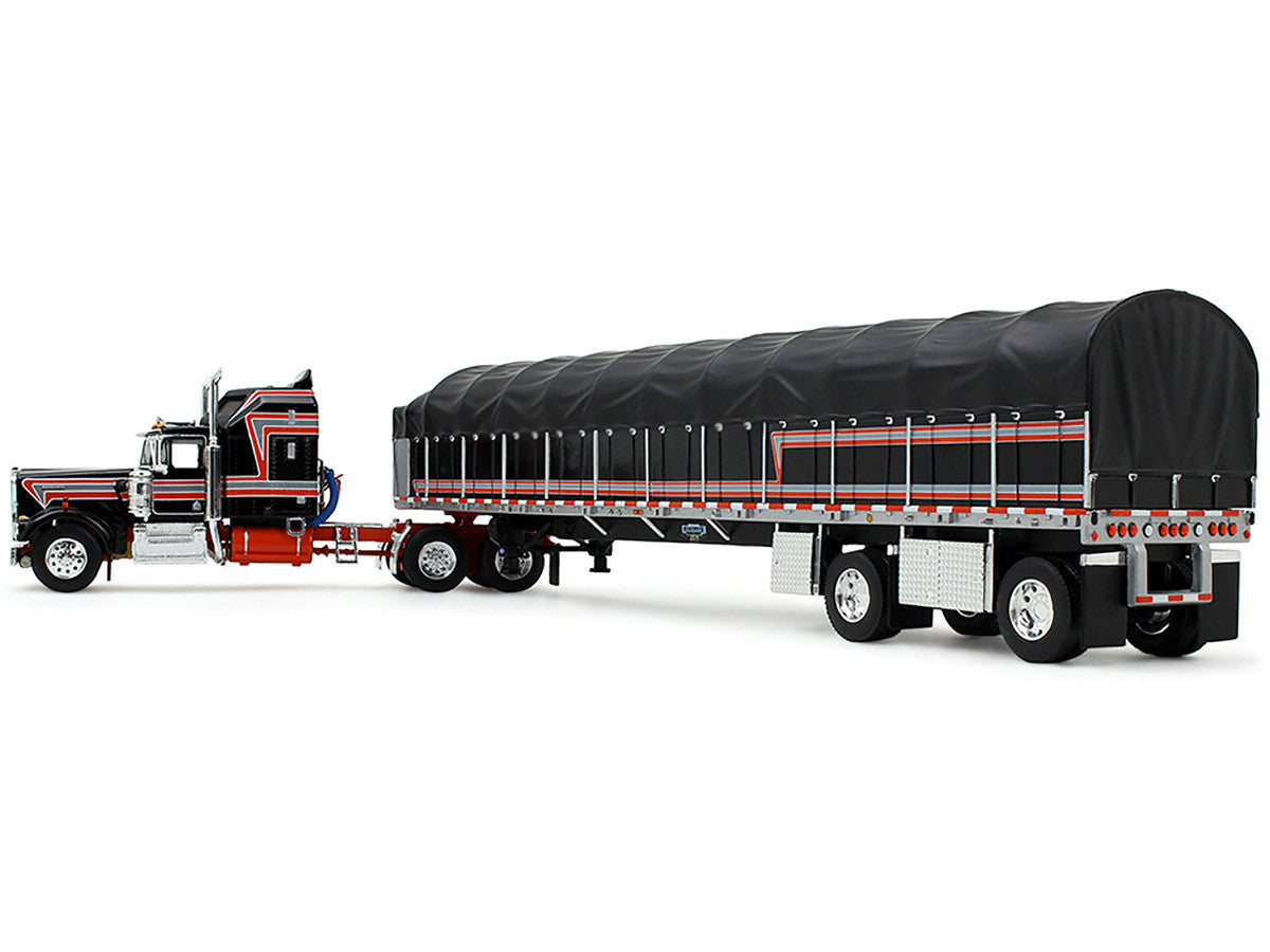 Kenworth W900A with 60" Aerodyne Sleeper and 53’ Wilson Roadbrute Flatbed Trailer with Covered Wagon Black with Red Stripes 1/64 Diecast Model by DCP/First Gear-1