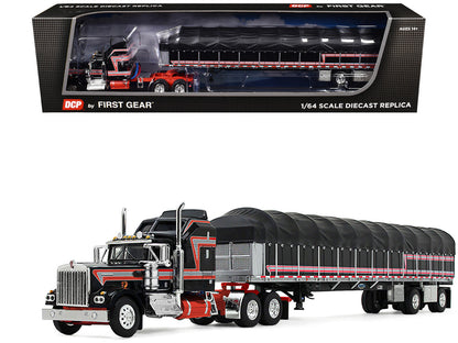Kenworth W900A with 60" Aerodyne Sleeper and 53’ Wilson Roadbrute Flatbed Trailer with Covered Wagon Black with Red Stripes 1/64 Diecast Model by DCP/First Gear-3