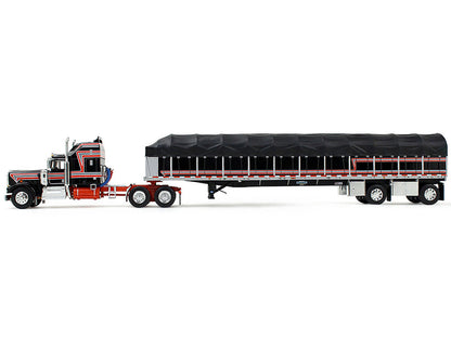 Kenworth W900A with 60" Aerodyne Sleeper and 53’ Wilson Roadbrute Flatbed Trailer with Covered Wagon Black with Red Stripes 1/64 Diecast Model by DCP/First Gear-0