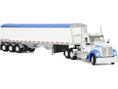Kenworth W990 Day Cab and Lode King Distinction Hopper Trailer White and Blue 1/64 Diecast Model by DCP/First Gear-1