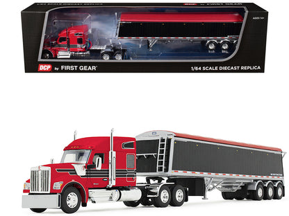 Kenworth W990 with 76" Mid-Roof Sleeper and Lode King Distinction Hopper Trailer Red and Black 1/64 Diecast Model by DCP/First Gear-4